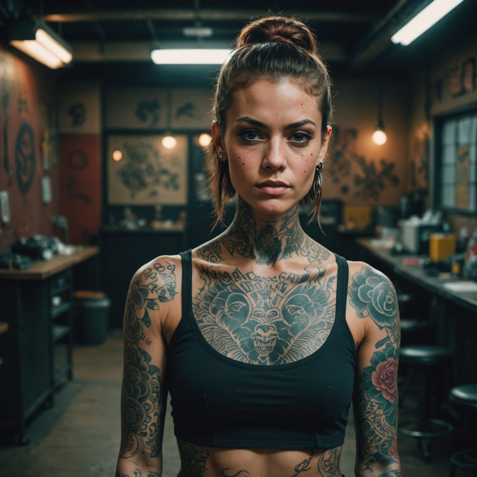 Tattooed Model in Cinematic Film Still