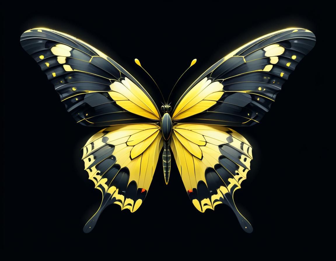 Delicate Yellow Butterfly on Black: Minimalist Digital Art
