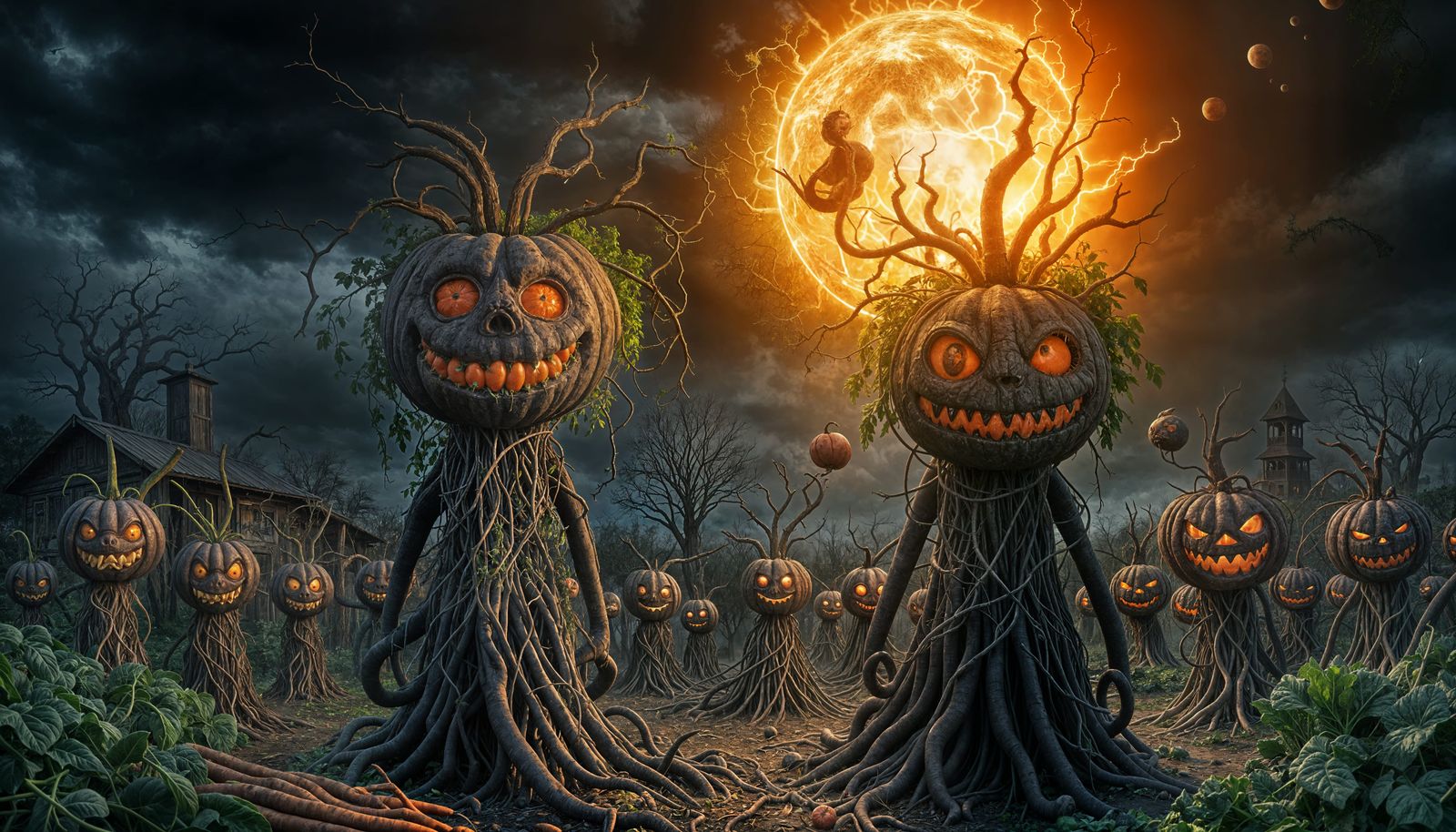 Grotesque Harvest Eerie Farmstand in Stormy Landscape