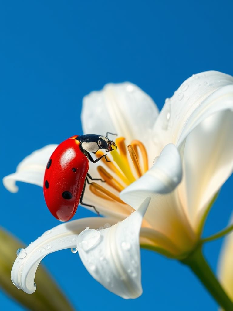 Vibrant Red Ladybug on White Lily Petals in Brilliant Blue S...