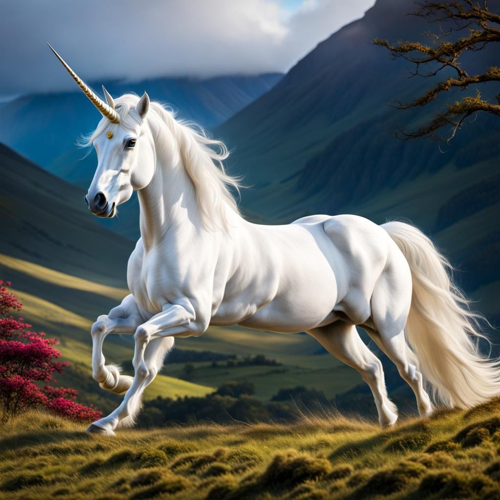 The sacred white Unicorn of Scotland  rearing up on his hind...
