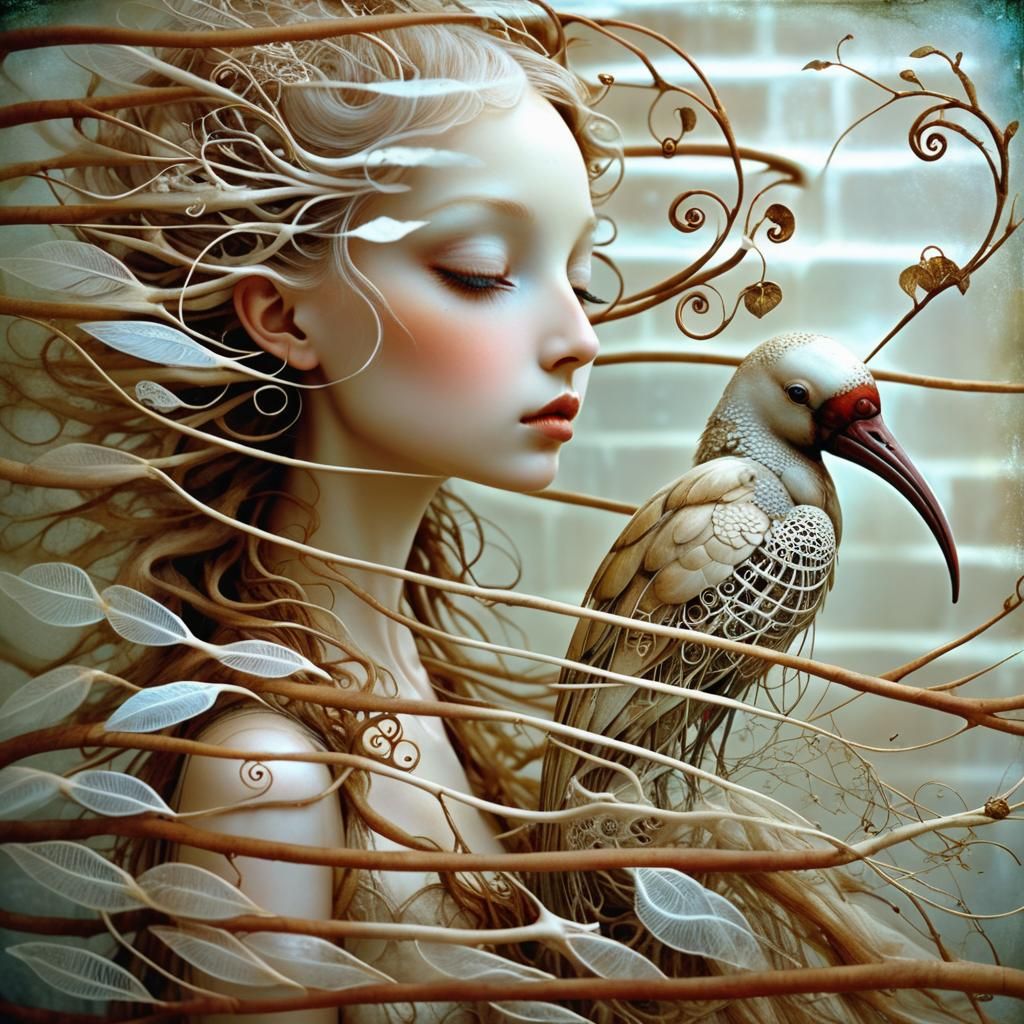 Elven Child Kissing Ibis, Botanical Fantasy Art