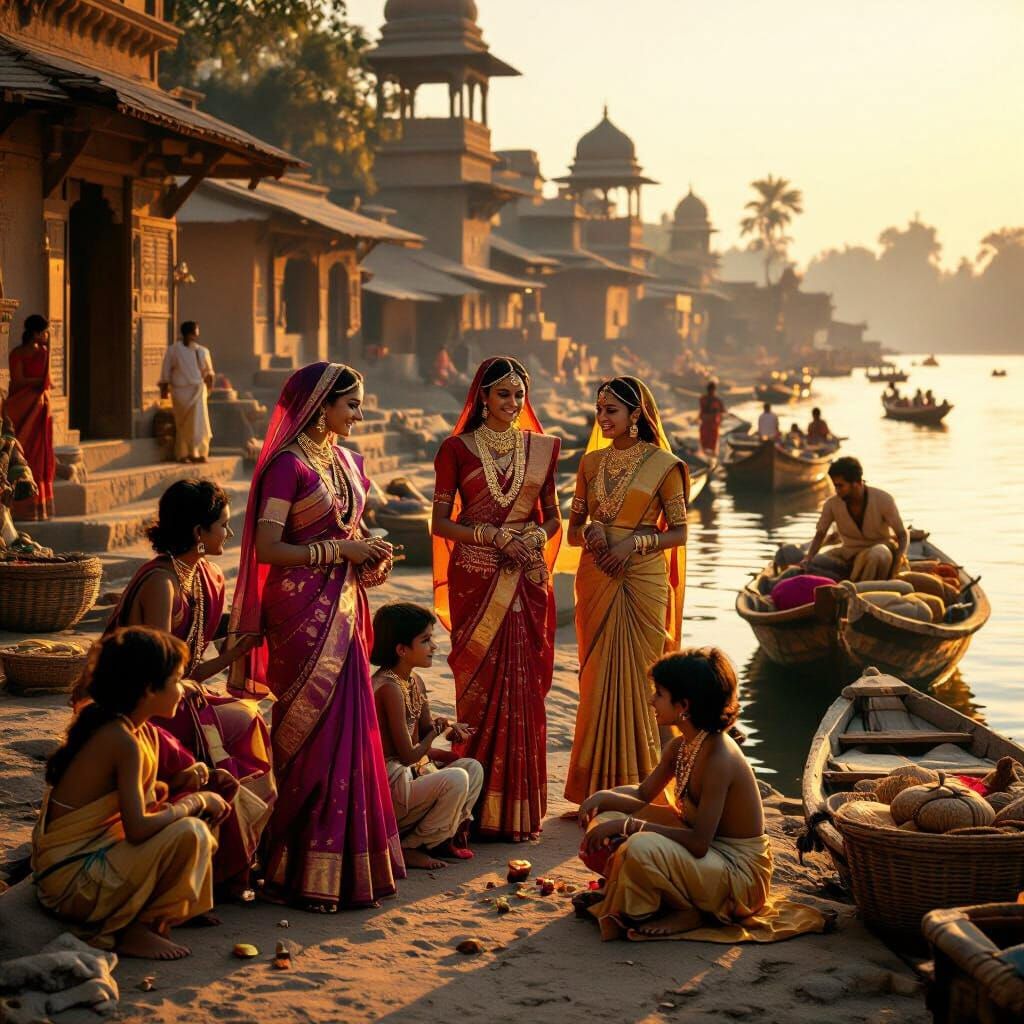 Ancient Indian Families Enjoying Riverside Life in Golden Su...