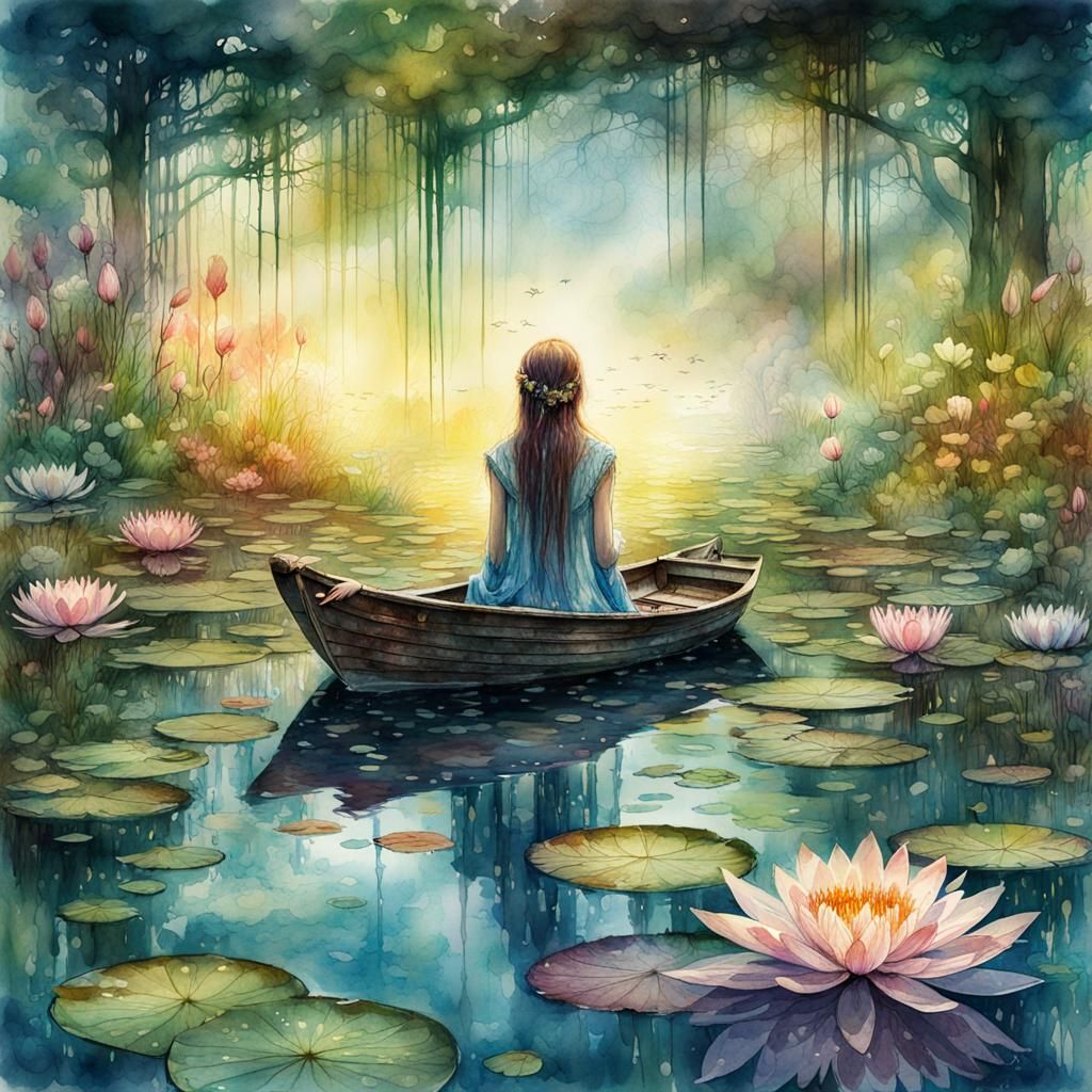 Waterlilies at Dawn: A Digital Watercolor Fairytale
