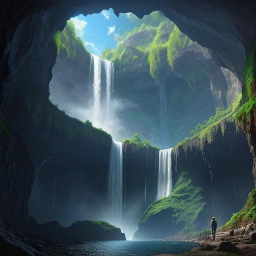 Fantasy Cavern with Waterfall, Photorealistic Style