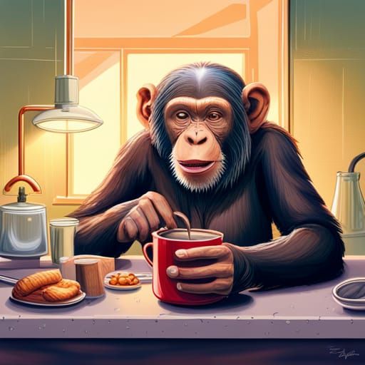 Chimpanzee's Coffee Break: Hyperrealistic Morning Scene