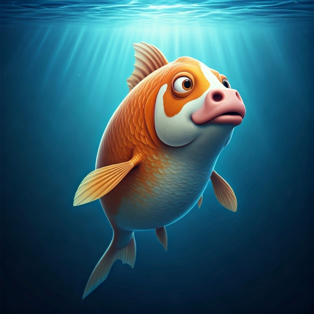 Fish-Cow Hybrid Swimming in Ocean: Pixar-Style 3D Art