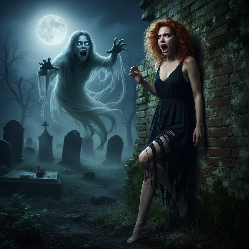 Terrified Woman in Abandoned Cemetery at Night