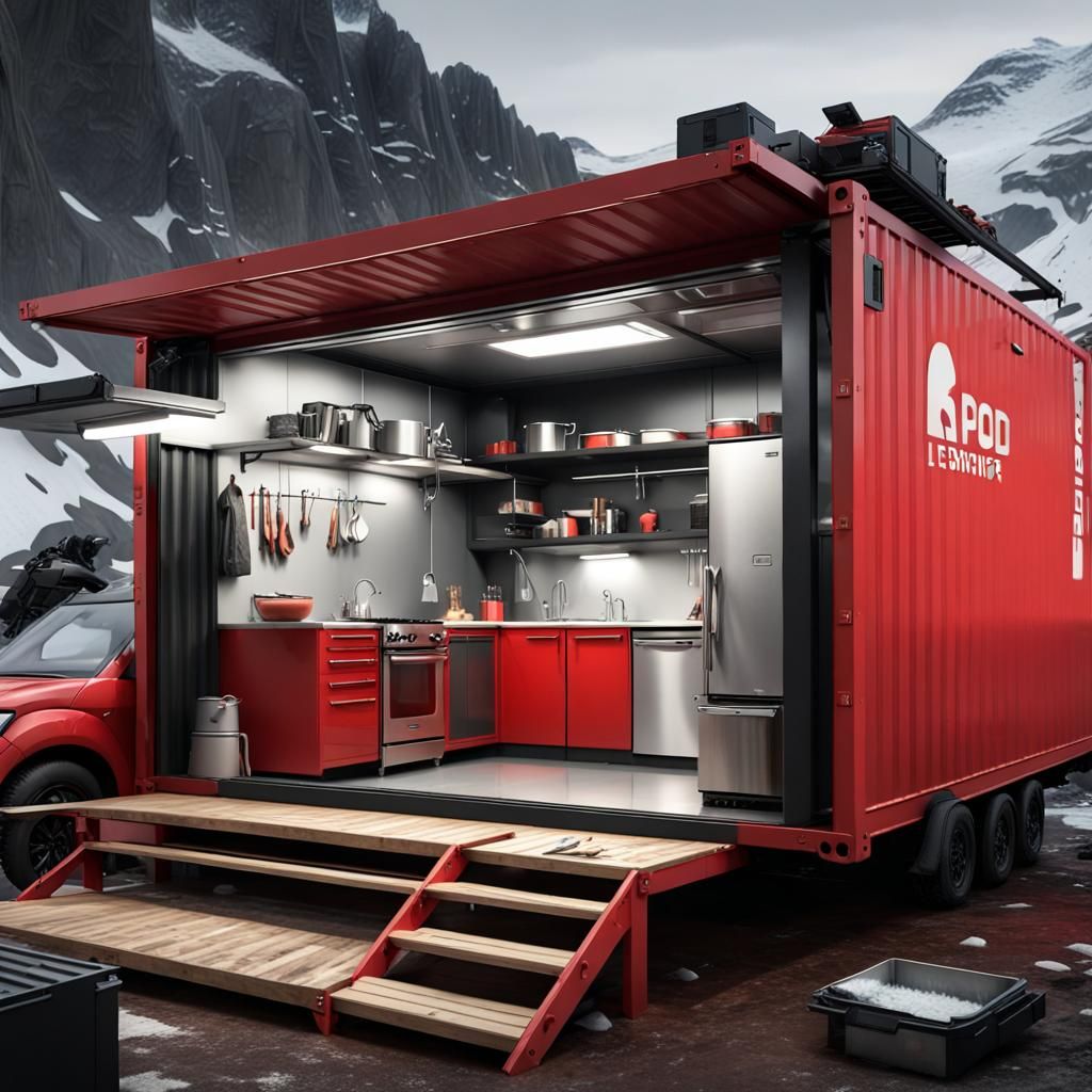 Mobile Container Home on Truck: Maximalist Dramatic Lighting