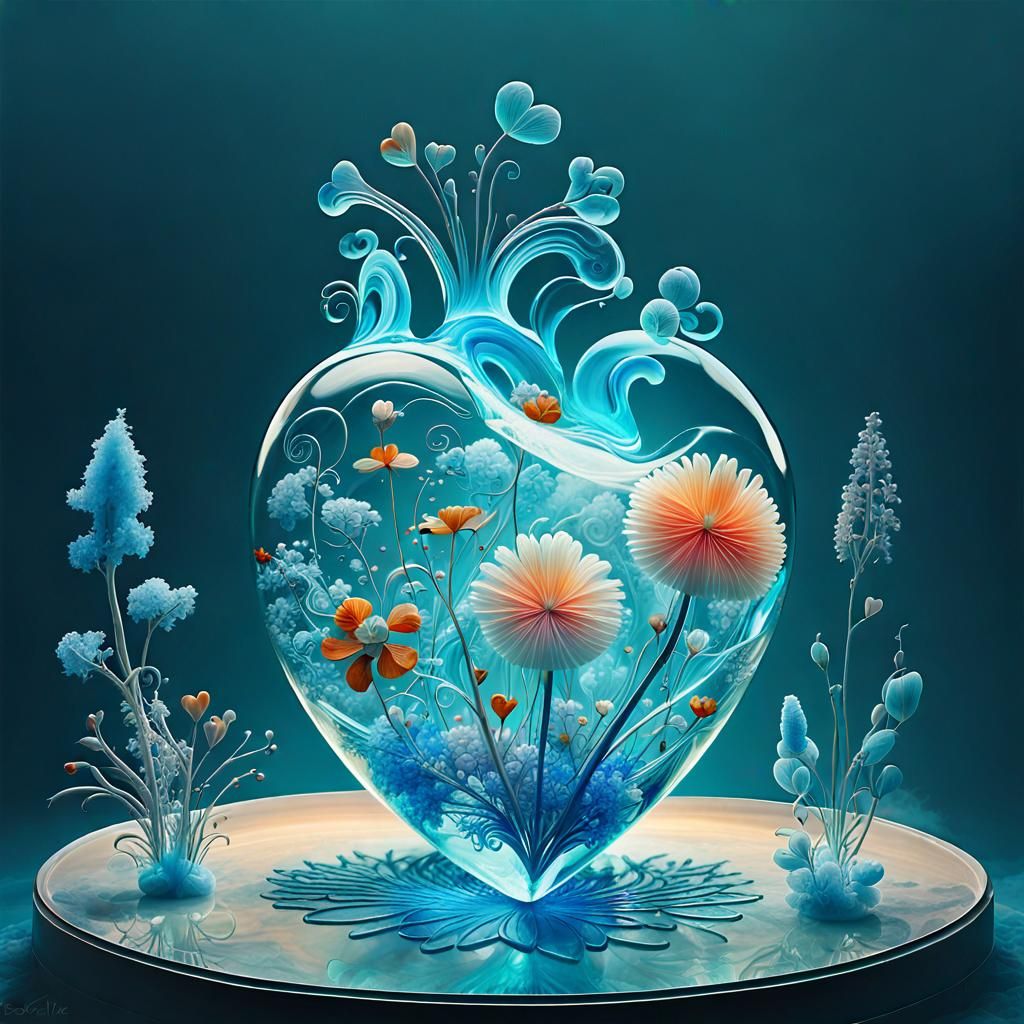 Glass Heart with Bohemian Flora in Vaporous Smoke