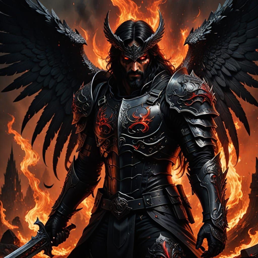 Muscular Fallen Angel with Fiery Sword and Black Blazed Wing...