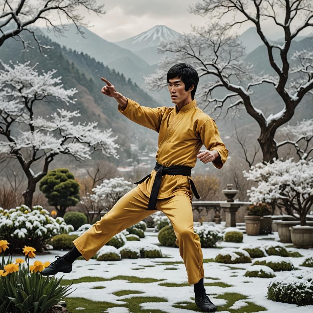 photo of Bruce Lee posing a karate move in a scenery of a garden with trees and flowers and hills in the background with...
