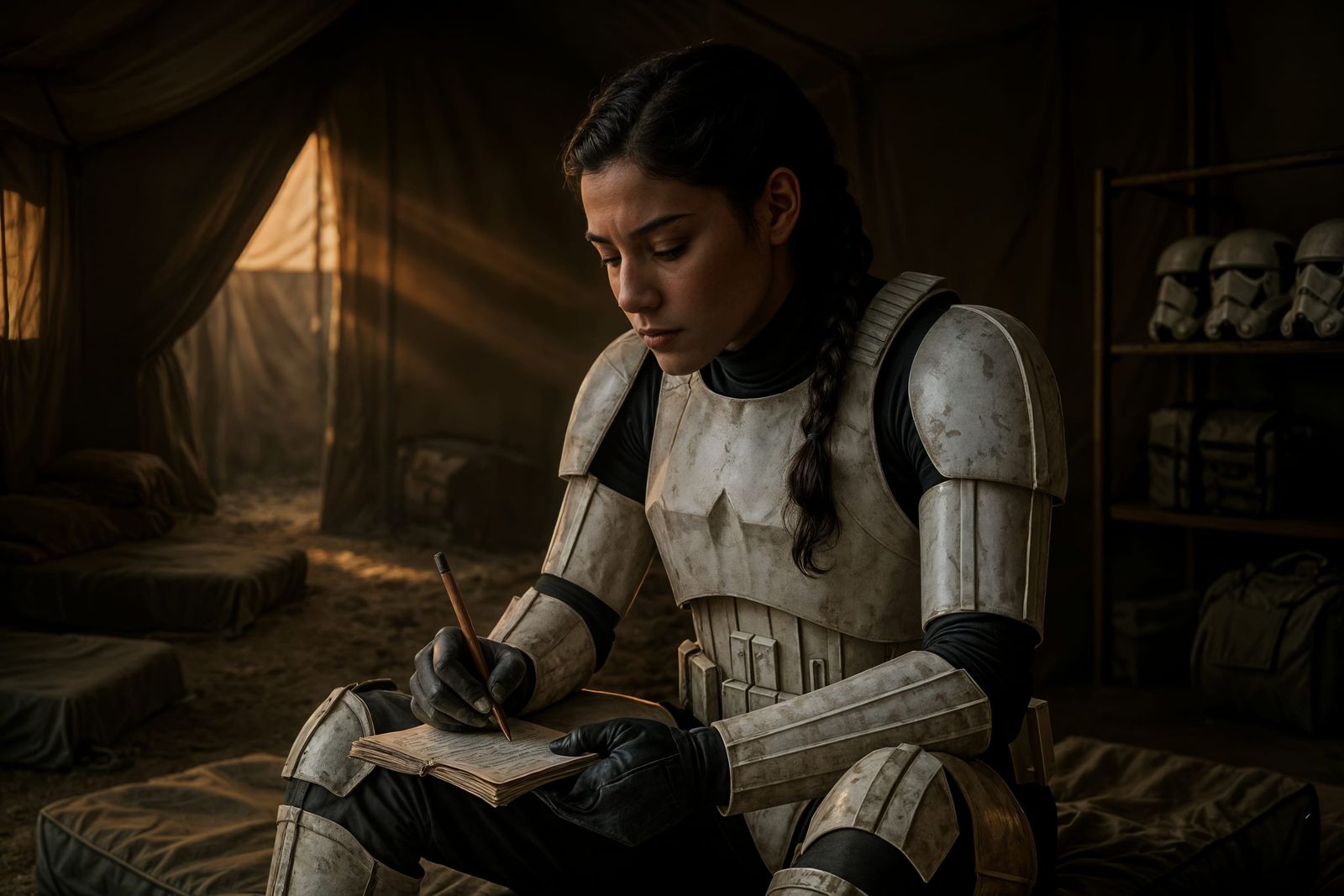 Introspective Stormtrooper Portrait in Military Tent