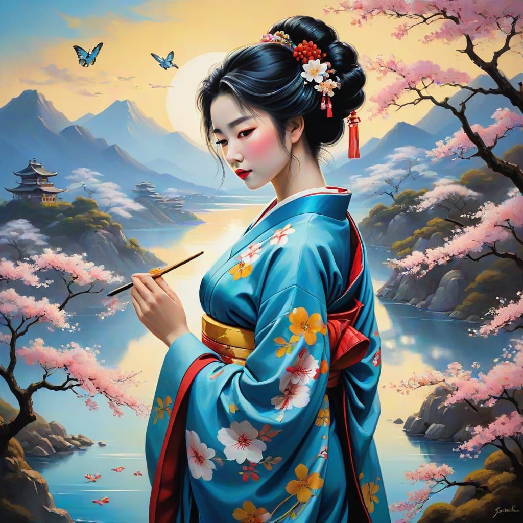 Impressionist Painting of a Serene Geisha in Blue Kimono Ami...