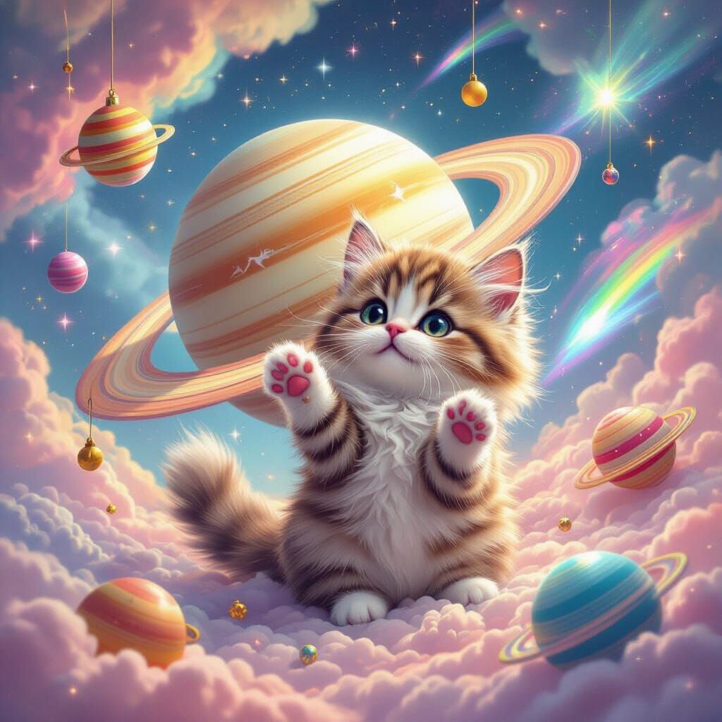 Fluffy Cat Batting Saturn Yarn Ball in Psychedelic Cosmic Ar...
