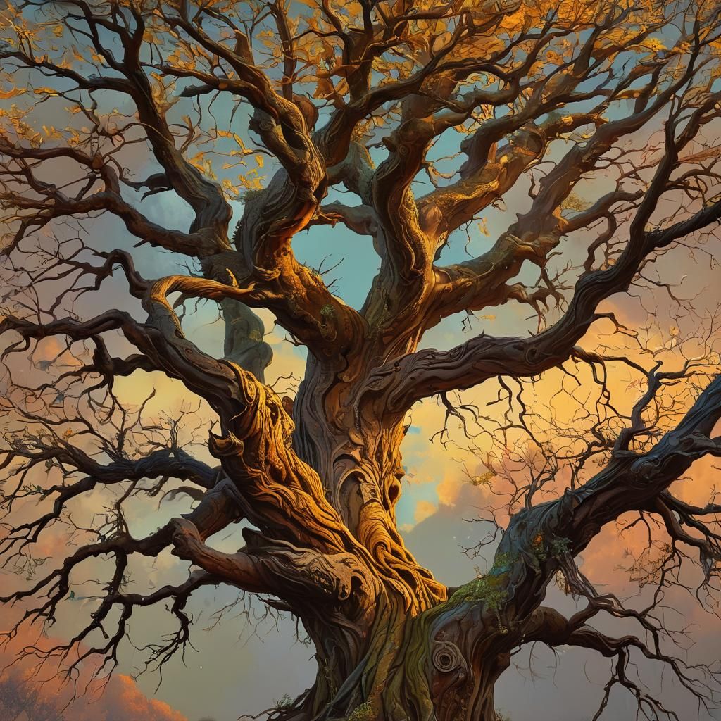 Gnarled Ancient Tree in Vibrant Fantasy Landscape