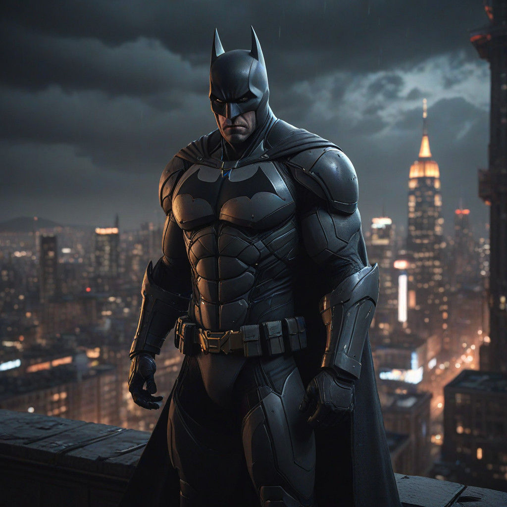 Batman Standing atop Gotham City in Epic Cinematic Style