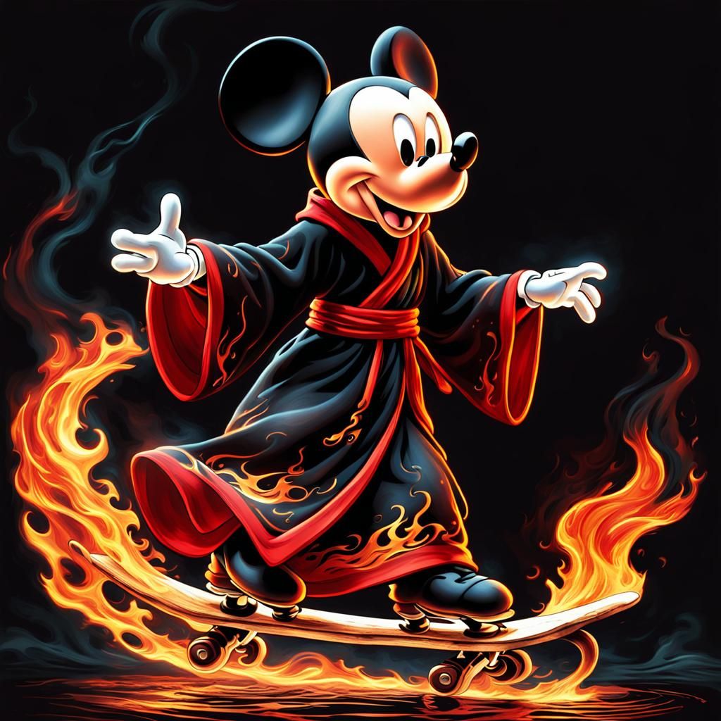 Mickey Mouse gracefully skating on waves of blazing flames