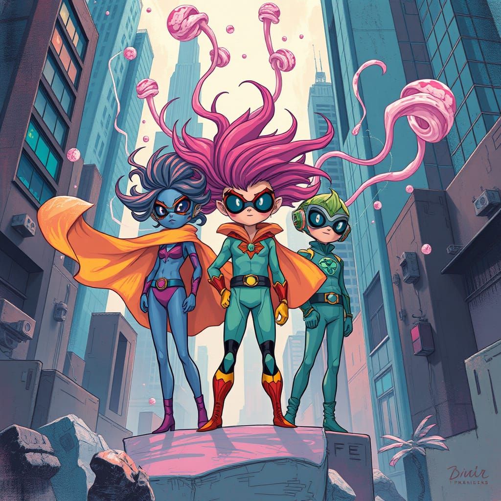 Heroic Cartoon Characters in Expressionist-Abstract Style