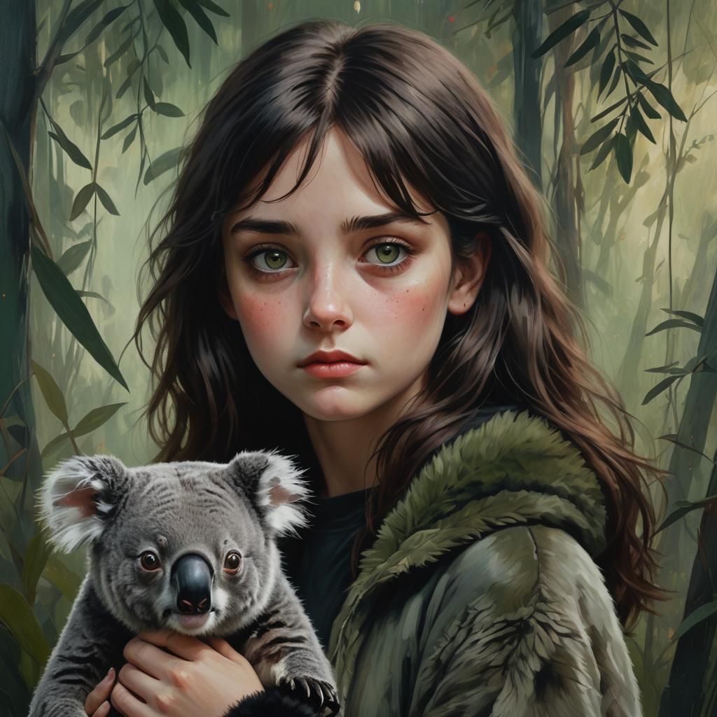 Girl with Koala in Moody Green and Red