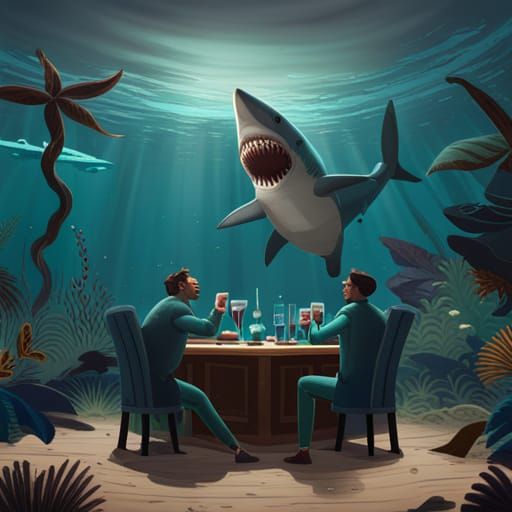 🦈 Mr shark at a table raising a glass to celebrating
