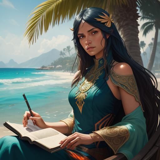 Woman Reading on Beach, Art Nouveau Concept Art