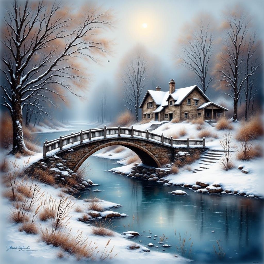 Antique Watercolor Stone Bridge Over Frozen River