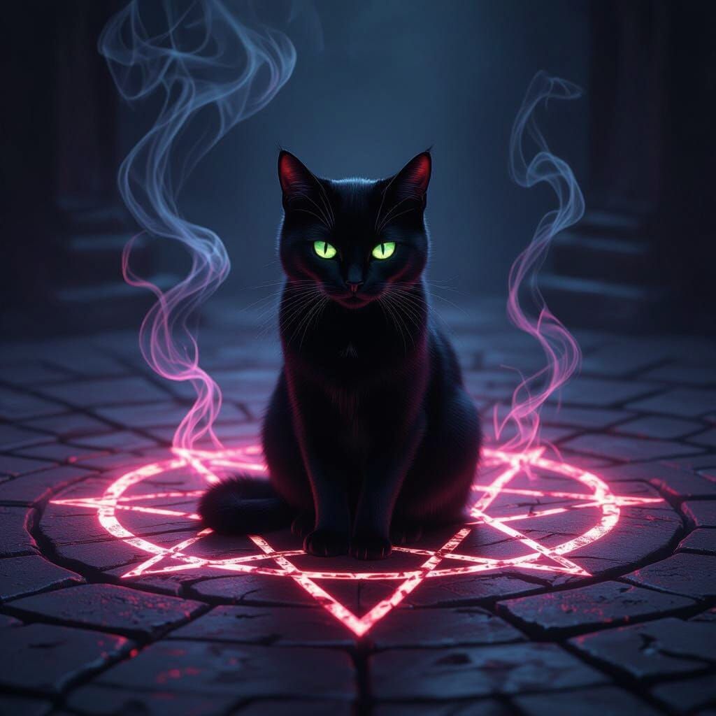 Black Cat in Glowing Pentagram, Dark Fantasy Digital Art