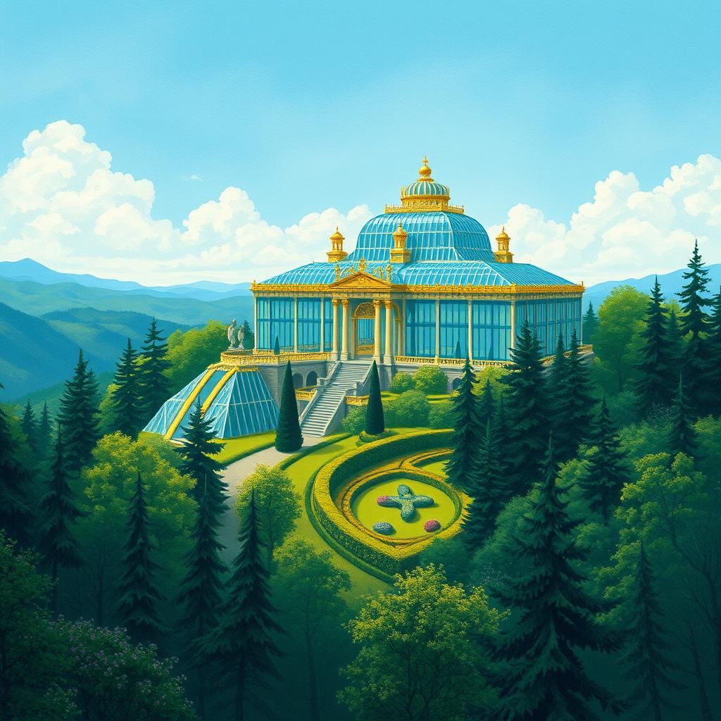 Crystal Palace in Blue and Gold, Illustrative Style