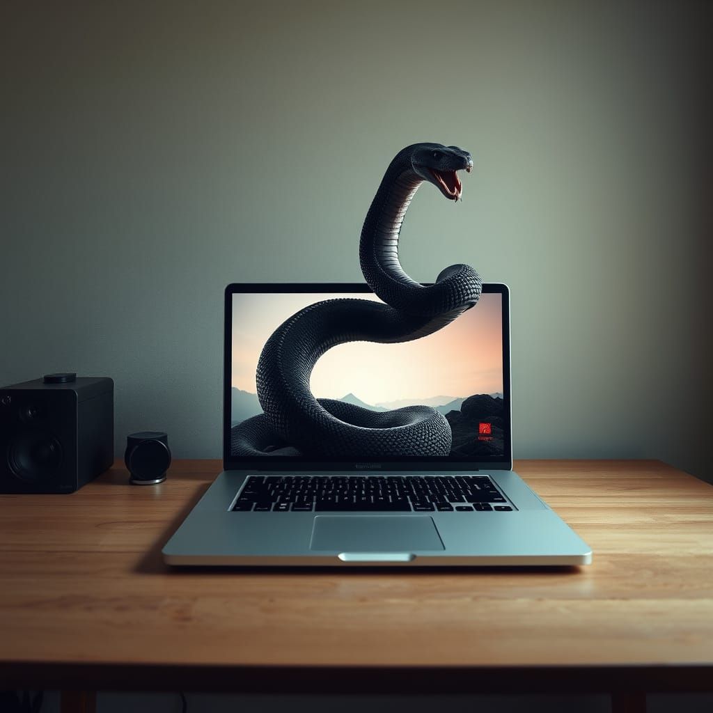 Snake Emerges from Laptop Screen in Double Exposure