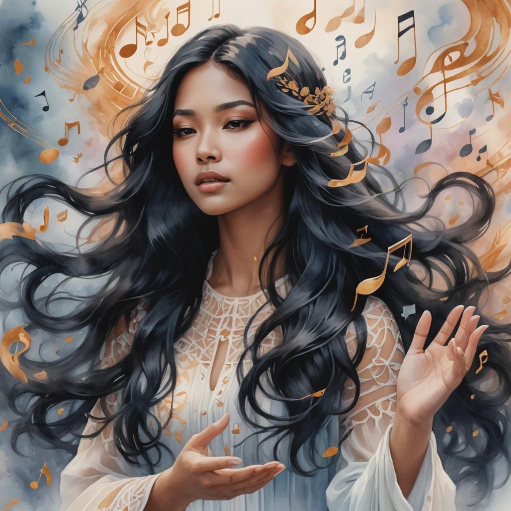 Ethereal Girl Portrait with Musical Notes in Watercolor Styl...