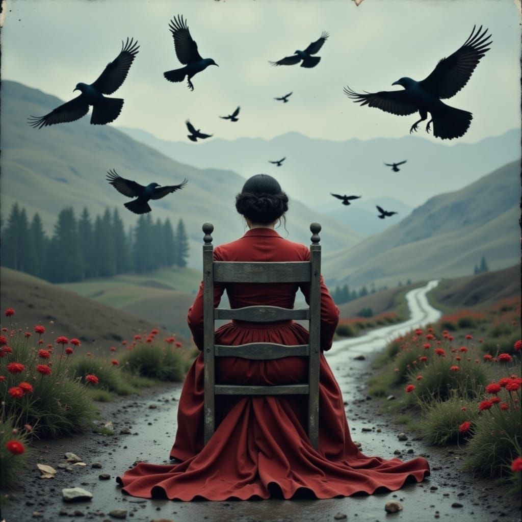 Ominous Landscape with Woman in Chair, Eerie Digital Art