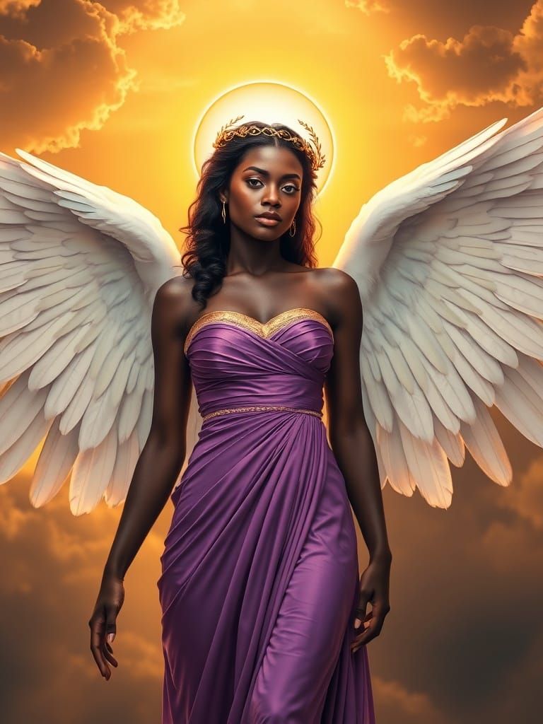 Divine Angel Woman in Purple Gown with Golden Accents