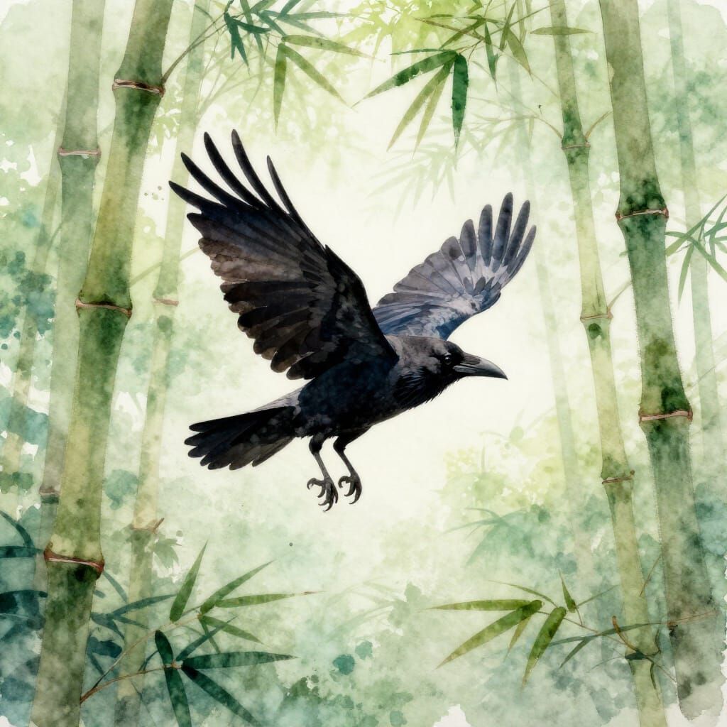 Raven Flying Through Bamboo Forest in Watercolor Style