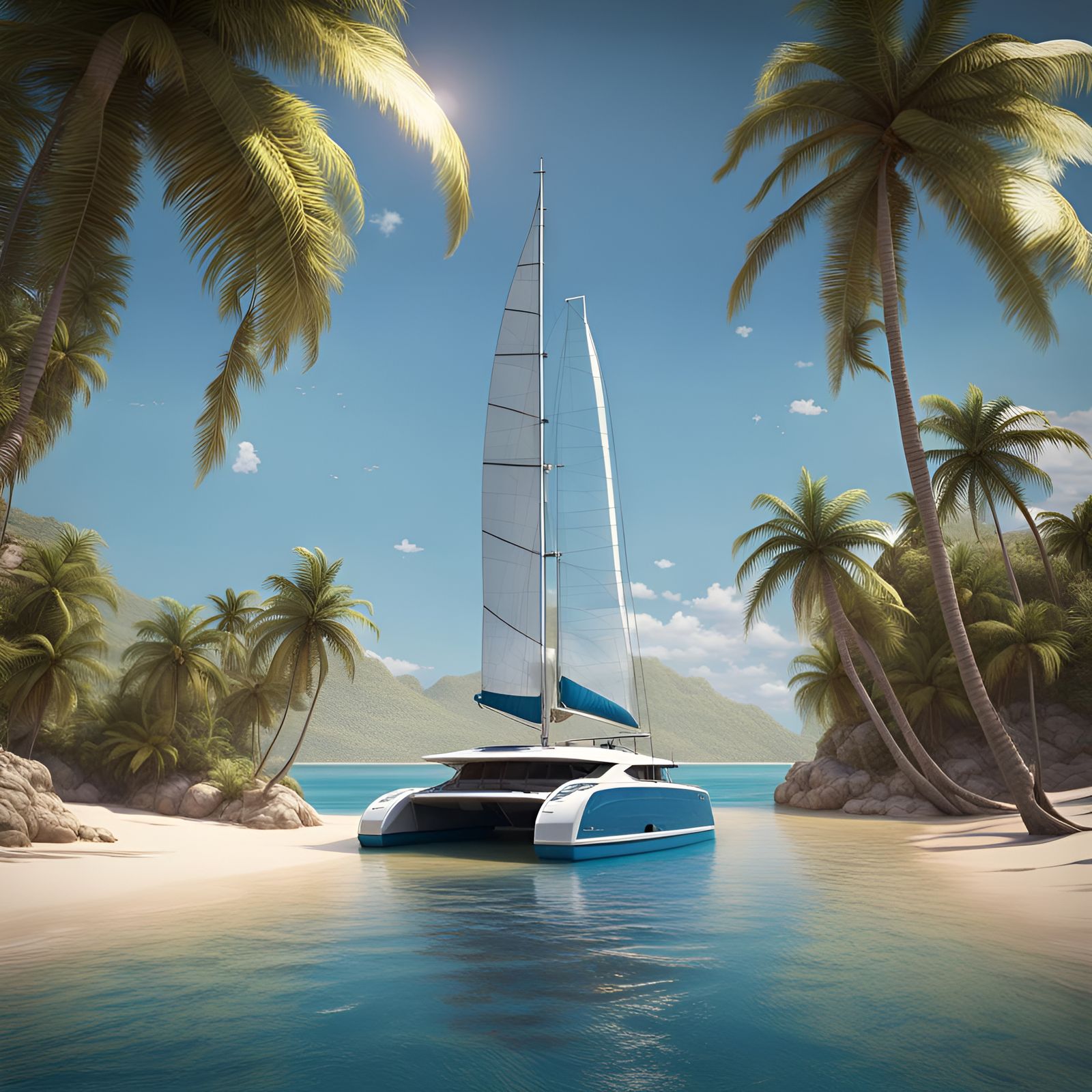 Catamaran on Calm Ocean: Fantasy Concept Art