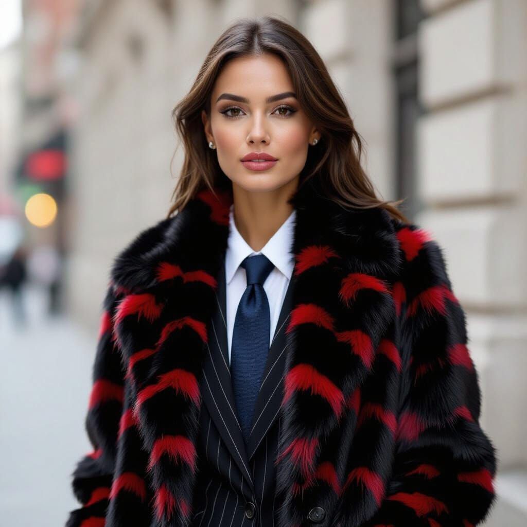 Attractive Woman in Fur Coat, Pinstripe Suit, and Blue Tie