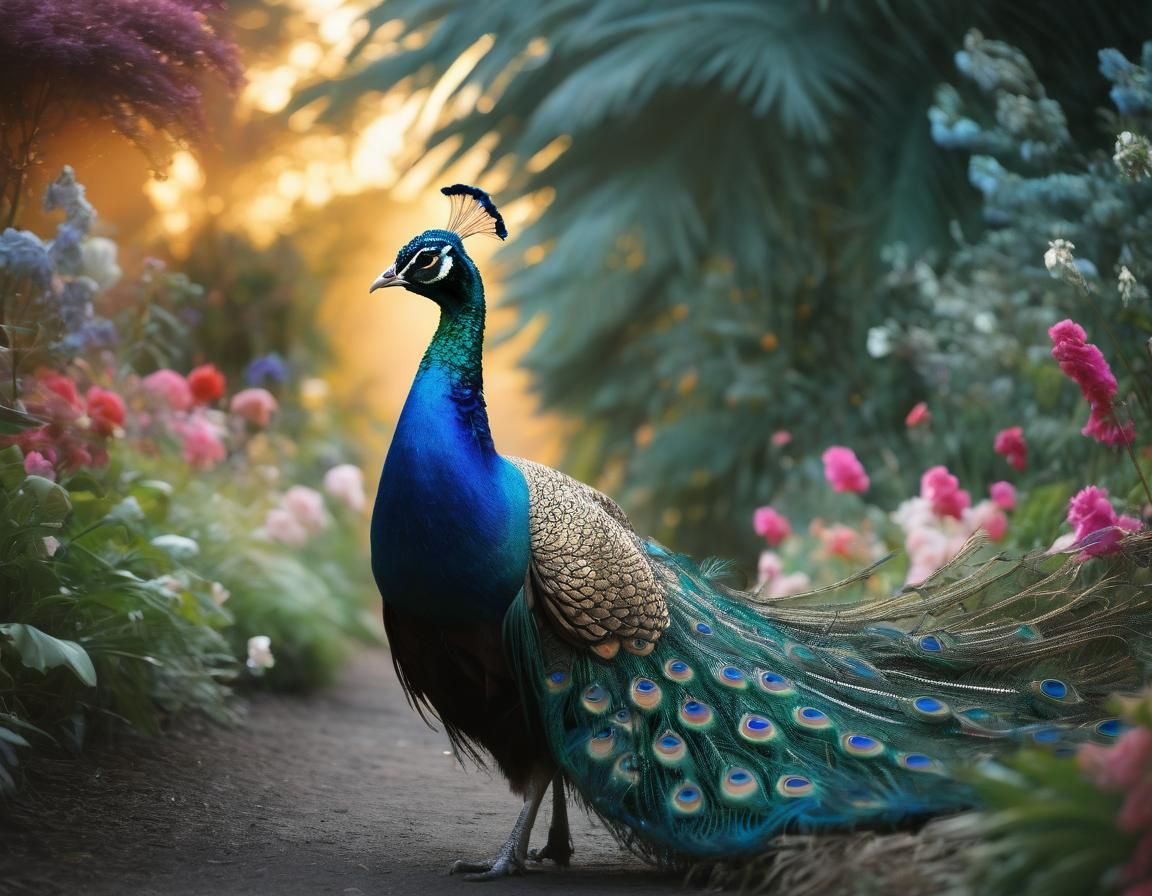 Dreamy Peacock in Ethereal Sunset Garden