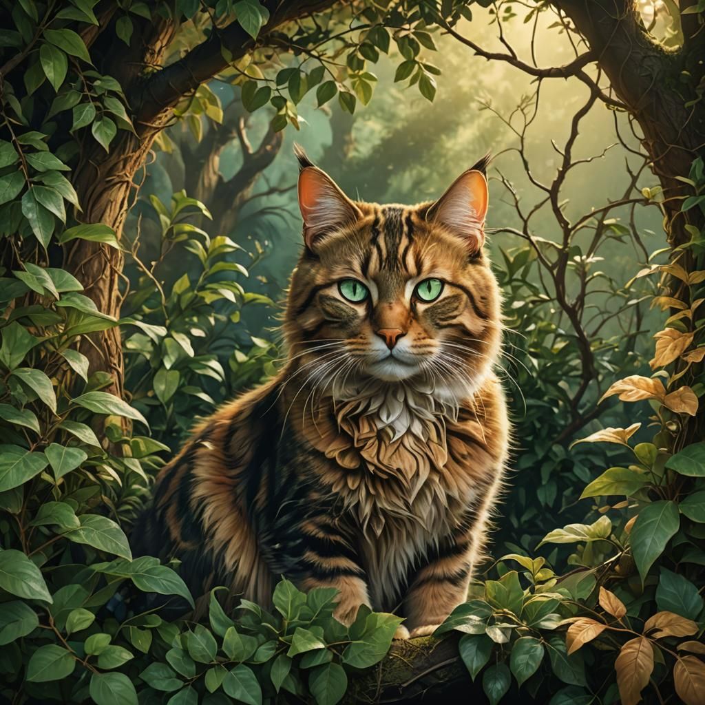 Cats in Emerald Forest: High Fantasy Digital Art