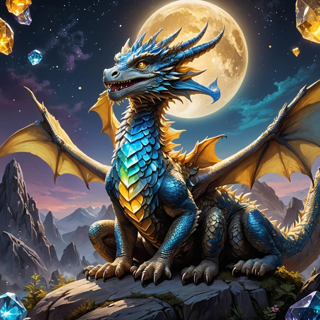Fantasy Dragon with Crystal Under Pregnant Moon