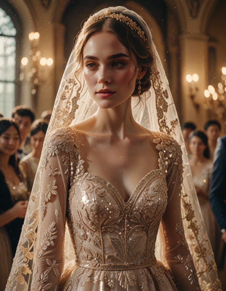 Romantic Bride in Sequin Wedding Dress, Golden Lighting