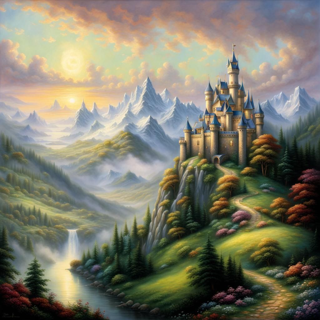 Ethereal Fantasy Castle Amid Snowy Peaks