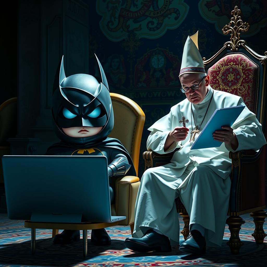 Batman Egg and Pope in Hyperrealistic Splash Art