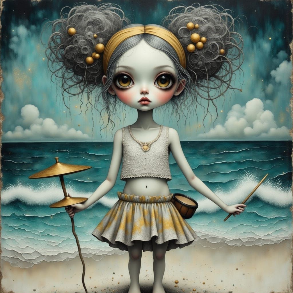 Woman Drumming on Shore in Goth Grunge Style