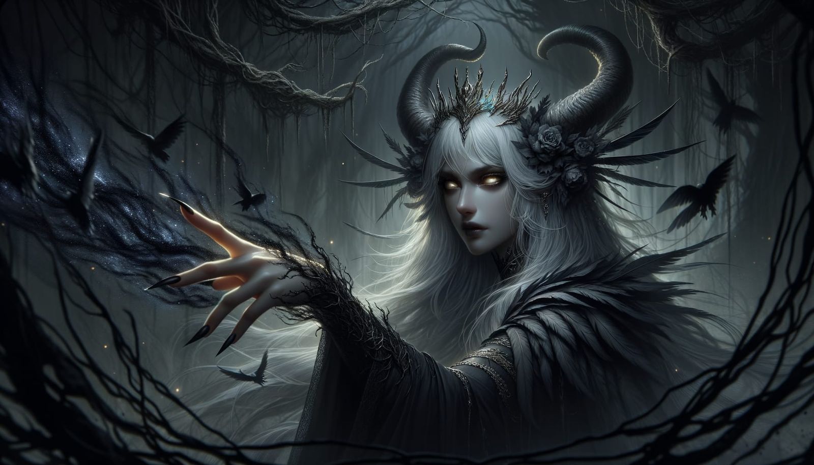 Sorceress with Horns and Golden Eyes in Dark Forest