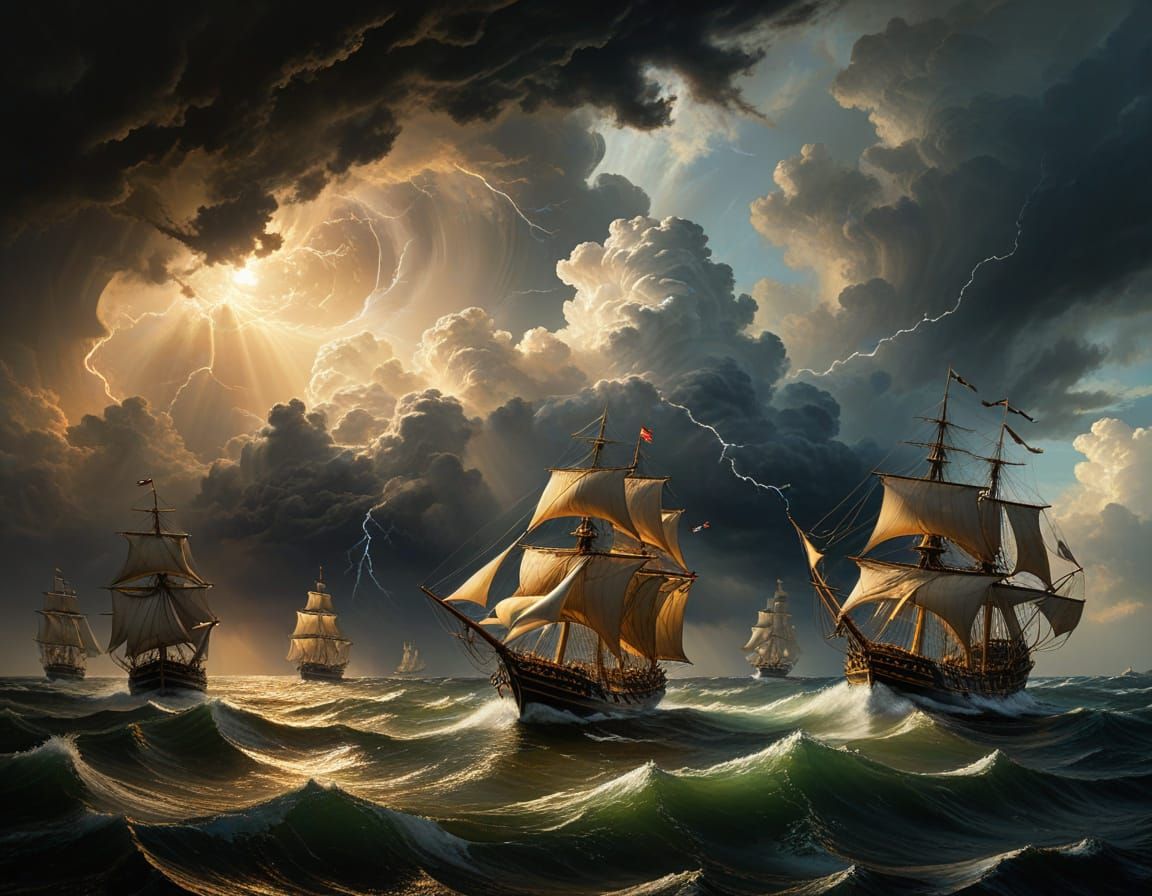 17th-Century Sailing Fleet in Turbulent Storm