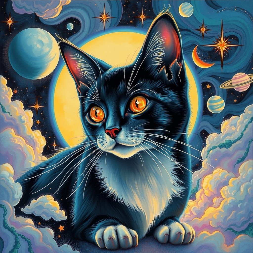 Celestial Iridescent Cat in Surreal Holographic Dreamscape