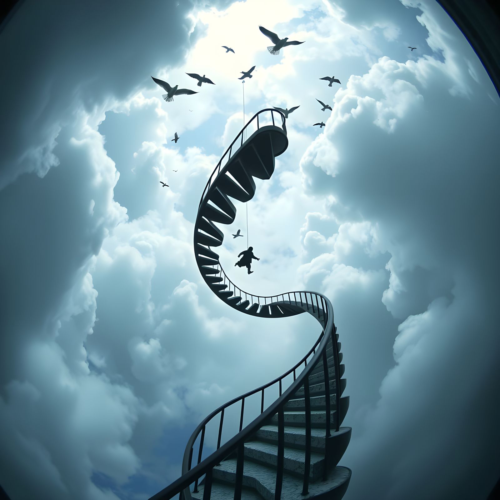 Surreal Stairway to Heaven with Hooded Figure