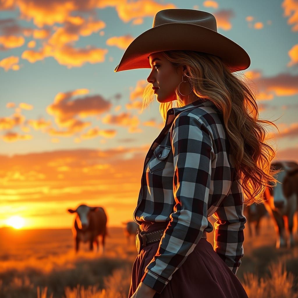digital art, oil painting effect, surrealism, a beautiful glamorous outback cowboy woman stands alone watching her cows ...