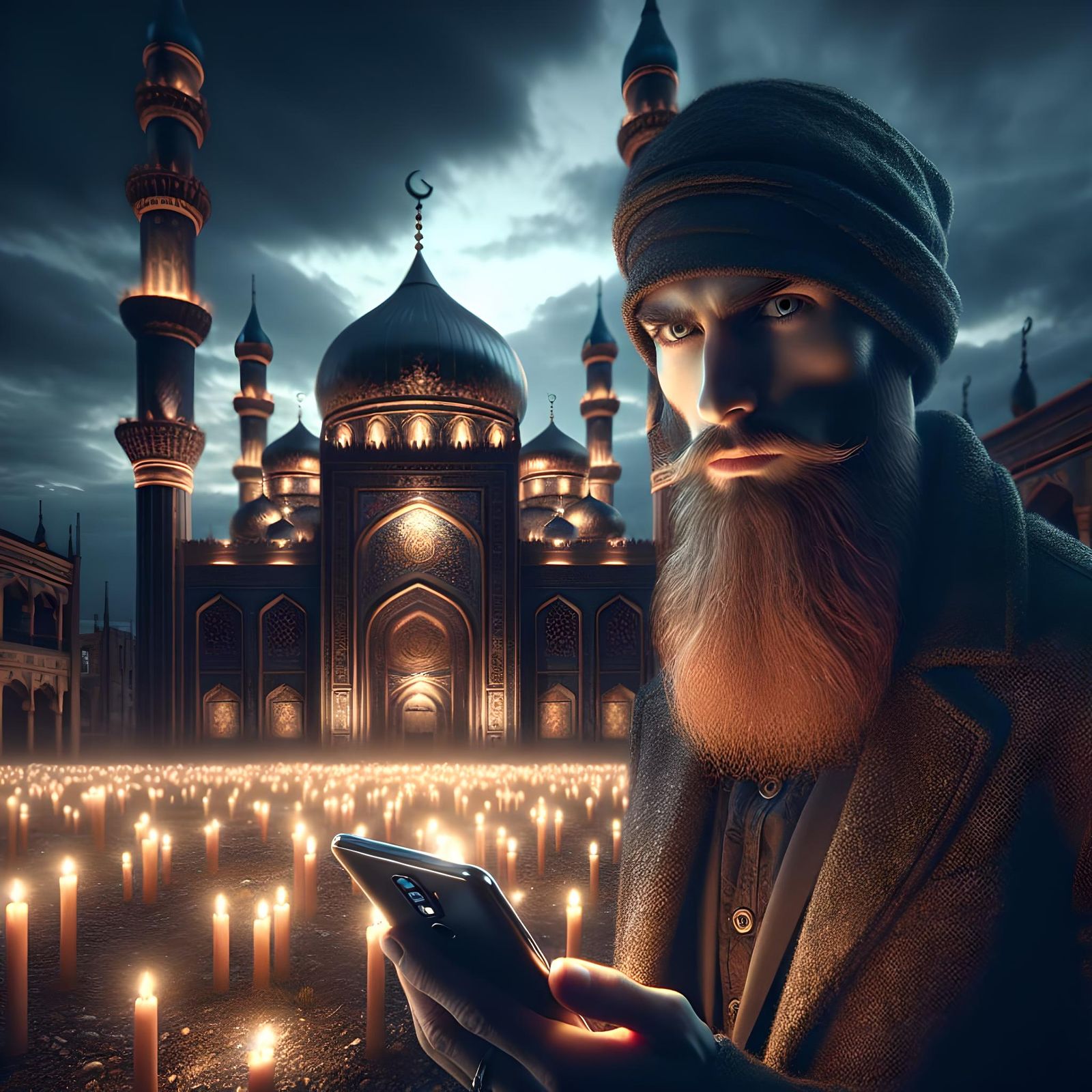Rasputin with Smartphone in Atmospheric Mosque Scene