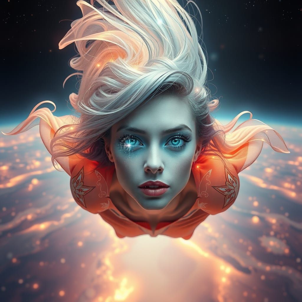 Woman in Quantum Sky Canvas: Surrealist Portrait in Soft Lig...